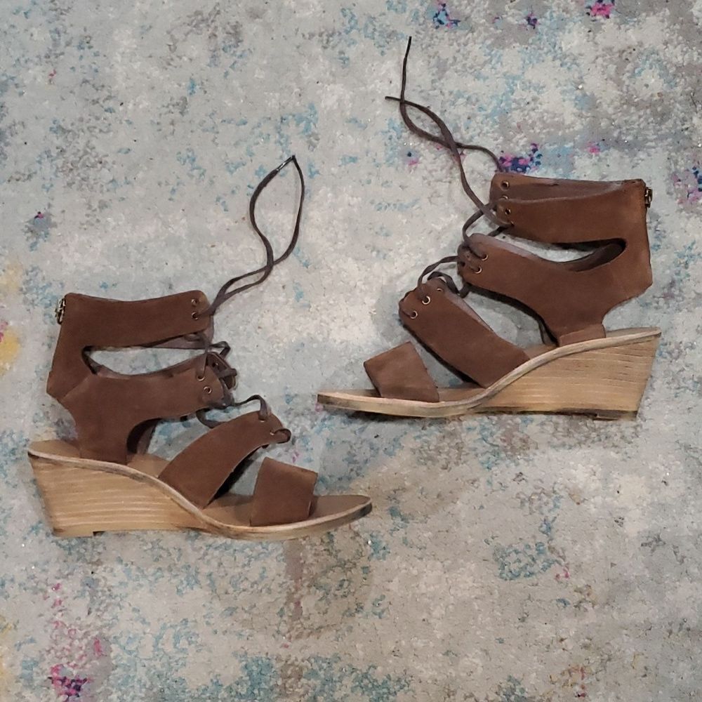 Denim & Supply Suede Lace Up Wedge Shoes in Brown Size 7